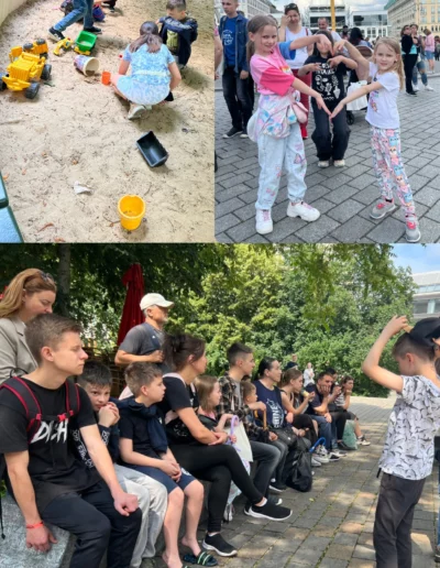 Eine Gruppe von Kindern aus der Ukraine an verschiedenen Orten in Berlin