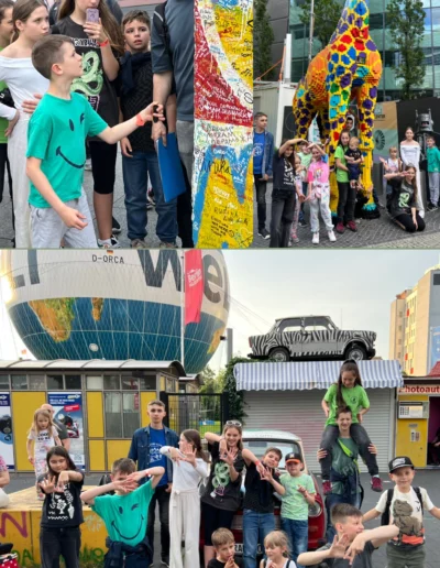 Eine Gruppe von Kindern aus der Ukraine an verschiedenen Orten in Berlin